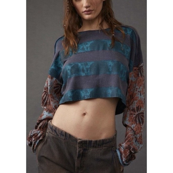 We The Free Tops - WE THE FREE BY FREE PEOPLE JAMIE CROPPED LONG SLEEVE TEE GREEN BLACK MAUVE MED